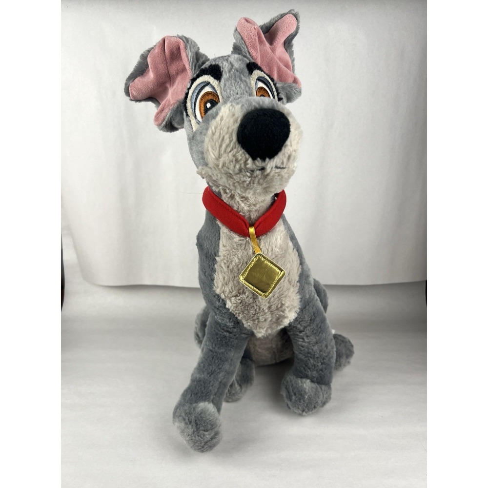 Disney Lady Tramp Plush Gray Dog 16" Red Collar Stuffed Animal Authentic‎ Patch
